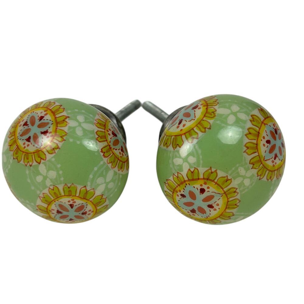 Vintage 70s Ceramic Green Paisley Floral Drawer Pull Knobs